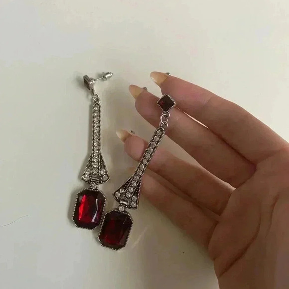 Silver & red dangle rhinestone earrings. - Picture 2 of 2